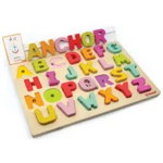 Puzzle Alfabet Svoora litere mari din lemn plus 50 flash carduri " Primele mele cuvinte in limba engleza"