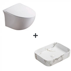 Set vas wc rimless cu capac soft close Alice plus lavoar baie dreptunghiular cu efect marmura, Foglia Set vas wc rimless cu capac soft close Alice plus lavoar baie dreptunghiular cu efect marmura, Foglia