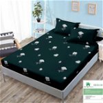 Husa de pat cu elastic 160x200 din Bumbac Finet + 2 Fete de Perna - Verde Inchis Cu Trandafiri Albi, 