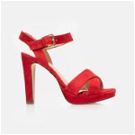 Sandale elegante damă cu toc din piele naturală - 210 Roşu Velur, Leofex
