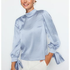 Trendyol, Bluza din satin cu funde, Albastru deschis