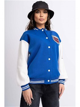 Jacheta Dama din Bumbac Vatuit Albastru cu Maneci Albe Model Baseball, 