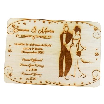 Invitatie nunta din lemn, gravata laser, 10x15 cm, OMIS168