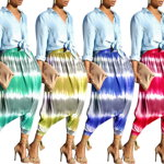 Pantaloni largi stil harem, pentru femei, model casual cu imprimeu multicolor, in dungi, Neer
