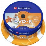 Dvd-r verbatim 4.7gb, 120min, viteza 16x, 25 buc, single layer, spindle, printabil, "wide inkjet printable" "43538"