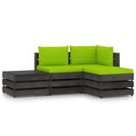 Set mobilier de gradina din paleti cu 2 canapele si 2 mese/taburet cu perne vidaXL, Lemn, Verde deschis