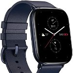 Smartwatch Huami Amazfit Zepp E SQUARE, Amoled 1.65", Carcasa otel, Bluetooth 5.0, Curea piele 43mm, Waterproof 5ATM (Albastru)