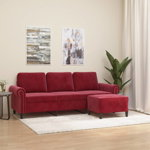 Canapea cu 3 locuri si taburet, catifea, rosu vin, 180 cm, model 4, VidaXL
