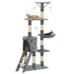 Ansamblu de joaca pentru pisici, vidaXL, Plus, cu stalpi si scara din funie de sisal, imprimeu labute, Gri, 138 cm