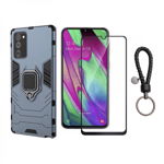 Set protectie 2 in 1 pentru Samsung Galaxy A41 cu husa hybrid antisoc cu stand inel si folie sticla ceramica fullsize si breloc cadou dark blue