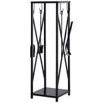 Suport lemne de Interior si Exterior cu economisire de spatiu din Metal cu Paleta, Matura, Vatrai si Cleste 34x34x111cm Negru Outsunny | Aosom RO, Outsunny