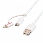 Cablu USB la micro USB-B + adaptor Lightning iPhone 5/6/7 Alb 1m, Roline 11.02.8325