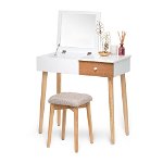 Masă de toaletă cu oglindă, cutie de bijuterii și scaun Bonami Essential Beauty, alb, Bonami Essentials