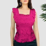 Bluza din dantela Aimee, cu volanase si croiala cambrata, Fucsia, Marime universala S/M, FashionForYou