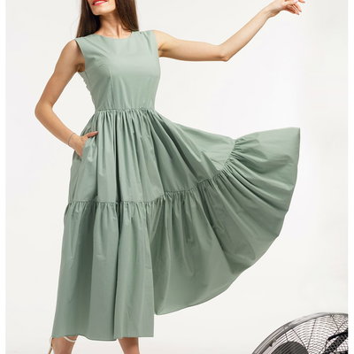 Rochie evazata fara maneci cu buzunare laterale - Verde sparanghel, CAMISSI