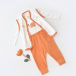 Set 3 piese Baby Cosy broscuta cu body, pantalonasi si vestuta, 80% bumbac organic si 20% poliester, portocaliu, marime 12-18 luni