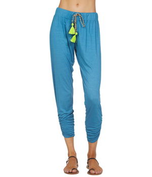 Imbracaminte Femei Michael Lauren Arya Cotton Shirring Pants with Neon Drawstring Teal Sky, Michael Lauren