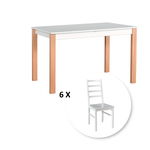 Set masa extensibila ALBA 1, fag + alb, 120/150x80x78 cm + 6 scaune NILO 8D, alb