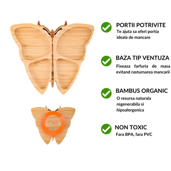Farfurie fluturas din bambus organic cu baza tip ventuza Oaki roz, Oaki