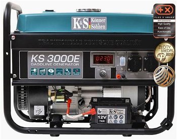 Generator curent electric Könner&Söhnen KS 3000E, 7 CP, 3000 W, 208 CC, 4 timpi, monofazat, 2 x 230 V, 1 x 12 V, stabilizator de tensiune (AVR), protectie suprasarcina, 15 h autonomie maxima, benzina