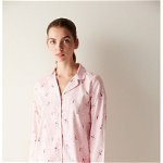 Penti, Bluza de pijama cu nasturi si revere decupate, Roz pastel, XL