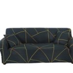 Husa elastica universala pentru canapea si pat, cu 2 fete de perna, bleumarin cu figuri geometrice, 90 x 140 cm, oem