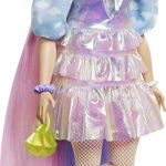 Papusa Barbie Extra, par roz cu mov, haina pufoasa, accesorii premium si catel alb, 30cm, 3 ani+, Barbie