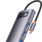 Adaptor Metal Gleam 7in1, Baseus, HUB USB-C, pentru 3x USB3.0, VGA, HDMI 4K, RJ45, 100W PD, Gri, Baseus