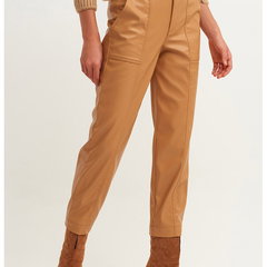 Pantaloni crop de piele ecologica cu cordon in talie, OXXO