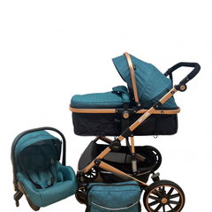 Carucior 3 in 1, L-Sun, reversibil, cu suspensii, cu scoica, geanta, parte sport transformabila in landou, T4 verde/negru