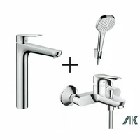 Set baterii Hansgrohe Logis E cu baterie lavoar inalta, baterie cada si set de dus cu bara crom