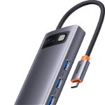 Adaptor Metal Gleam 6in1, Baseus, HUB USB-C - HDMI, 3x USB3.0, SD, TF PD 100W, negru, Baseus