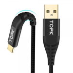 Cablu de incarcare si transfer date TOPK flexibil Fast Charge Type-C de 1m negru