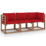 Canapea din paleti de gradina vidaXL, 3 locuri, perne rosii, lemn pin, 64 x 64 x 70 cm, 33.1 kg