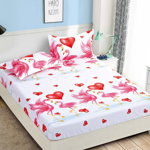 Husa de pat cu elastic din Bumbac Finet + 2 Fete de Perna, Flamingo Love, JOJO HOME