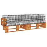 Set canapea din paleti 2 locuri vidaXL, cu perne maro miere lemn pin tratat, 15.96 kg, 110 x 65 x 55 cm