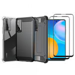 Set protectie 5 in 1 pentru Huawei P Smart 2021, cu 3 huse antisoc,hybrid si carbon, 2 folii fullsize din ceramica, negru, gri, incolor