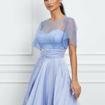 Rochie Dy Fashion bleu din satin cu broderie la bust, 