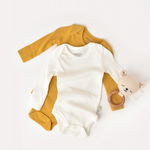 Set 2 body-uri cu maneca lunga bebe unisex din bumbac organic si modal - Mustar/Ecru, BabyCosy, BabyCosy