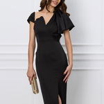 Rochie Moze neagra cu tull bej la bust si volan pe un umar, 