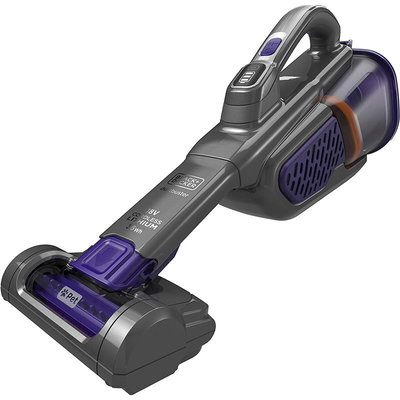 Aspirator de mana pe acumulator Black & Decker Dustbuster BHHV520BFP, fara sac, acumulator Li-Ion 18V 2 Ah, autonomie pana la 21 min, indicator status LED, 2 trepte de aspirare, perie par, filtru anti-alergic, accesorii