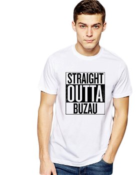 Tricou alb barbati - Straight Outta Buzau, XL