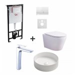 Set vas wc rimless cu capac soft close, lavoar baie cu ventil inclus, baterie si rezervor wc incastrat cu clapeta