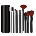 Set 12 Pensule Machiaj, Maner Lemn, Makeup, Diferite Forme, Par Sintetic, Cutie Depozitare, Negru-Maro