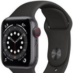 Smartwatch Apple Watch S6 Cellular, Retina LTPO OLED Capacitive touchscreen 1.78", Bluetooth, Wi-Fi, 4G, Bratara Silicon 44mm, Carcasa Aluminiu, Rezistent la apa (Negru)
