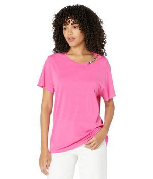 Imbracaminte Femei Michael Lauren Thurston Boyfriend Tee w Beaded Neck Bright Pink, Michael Lauren