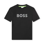 BOSS Kidswear, Tricou cu imprimeu logo si decolteu la baza gatului, Gri deschis/Negru
