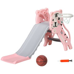 AIYAPLAY Tobogan pentru Copii 18-36 Luni cu Coș de Baschet Lateral și Tobogan din Plastic, 133x60x70 cm, Roz | Aosom Romania, AIYAPLAY