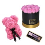 Set Cadou Aranjament floral cutie rotunda neagra cu trandafiri roz de sapun, Ursulet floral Roz 25cm si Paleta fard, FashionForYou