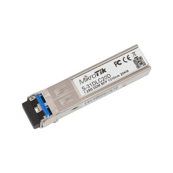 1.25G SFP transceiver, S-31DLC20D; with a 1310nm Dual LC connector, for up to 20 kilometer Single Mode fiber connections, with DDM, MIKROTIK